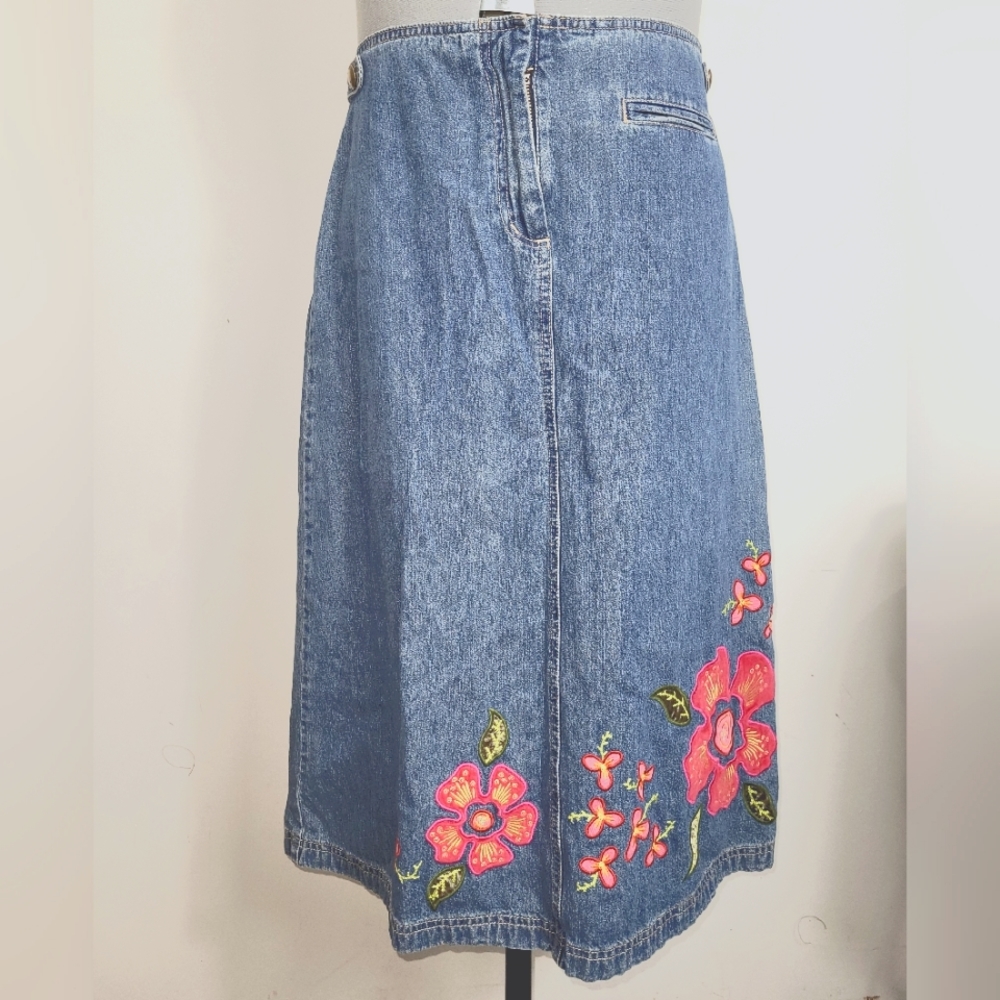J Jill Embroidered Floral Velvet Applique Blue Denim Jean Midi Skirt, women 6